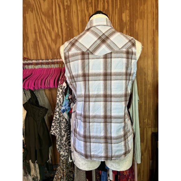 Bit & Bridle Turquoise Plaid Sleeveless Collar Button Down Equestrian Western L - Picture 6 of 8